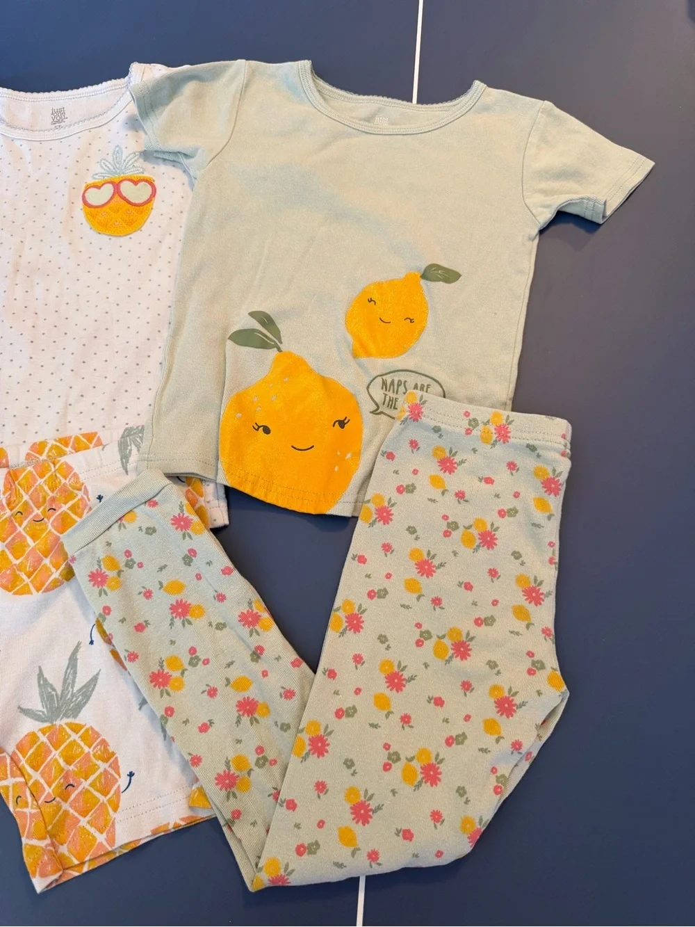 Carter's Cotton Pineapple Lemon & Floral 4 pc Pajama Set - Yellow White 5T